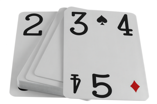 Flying playing cards for poker and gambling, 2, 3, 4, 5 isolated on white background,PNG