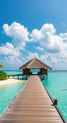  Tropical Paradise: Walk the Pier to Serenity in Maldives, Turquoise Water & Blue Skies Await!