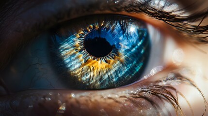 A captivating close-up of a human eye with stunning blue and gold coloration, showcasing intricate details and the beauty of natural optics.