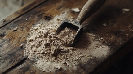 Heap of Protein Powder with Scoop on Wooden Surface