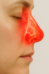 Nasal congestion, difficulty breathing. Anatomical visualization of a congested nose in a person. The sinus area is highlighted in red, indicating inflammation and difficulty breathing.