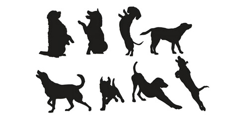 set of vector silhouettes of some dog styles. dog icon. sitting dog logo. jumping dog icon. sitting dog icon. jumping dog icon. running dog icon. shaking hands dog icon. standing dog icon. 