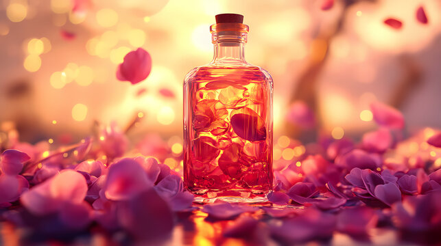 Bottled rooh afza with fresh rose petals scattered around, reflecting golden sunset lighting. [Fractal Eden] | Fibonacci Orchids | golden petals. Illustration