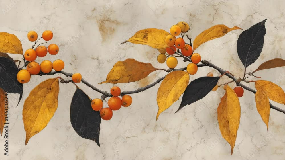 Poster artistic rendering of orange berries and fall leaves on a branch against an off-white background sho