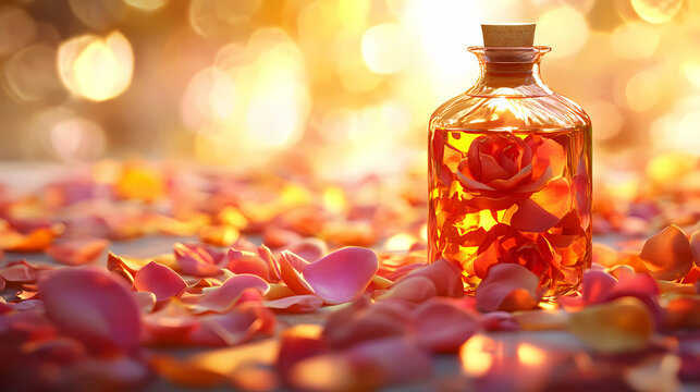Bottled rooh afza with fresh rose petals scattered around, reflecting golden sunset lighting. [Fractal Eden] | Fibonacci Orchids | golden petals. Illustration