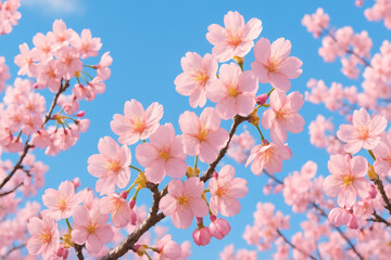 Fototapeta premium Cherry Blossom Branches in Full Bloom Against Clear Blue Sky – Springtime Beauty