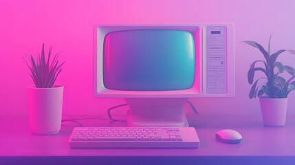 Abstract aesthetic background with 90s style system message windows, old vintage computer, mouse, keyboard, pop up icon system message window on pink and purple gradient y2k style realistic 3d render 