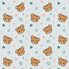 Bear heads in the pattern.Vector seamless pattern with teddy bears and hearts on a colored background.