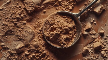 Chocolate protein powder heap with measuring spoon
