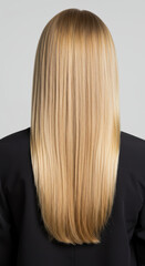 Naklejka premium Gorgeous Golden Blonde: Long, Straight, & Healthy Hair Care Inspiration - Salon Style & Color Trends for Beautiful Locks!