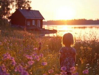 Finland child in summer meadow at midnight sun.