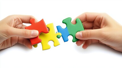 Business team assembling puzzle pieces. Hands working together to achieve shared goal. Concept of problem-solving, collaboration, reaching business goal. Team building through puzzle teamwork.