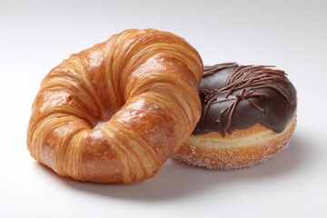A croissant and chocolate-glazed doughnut on white background.