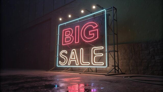 Neon sign displaying the words "Big sale" in bright colors against a dark background