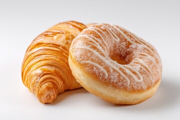 Close-up of a croissant and a glazed donut on white background.