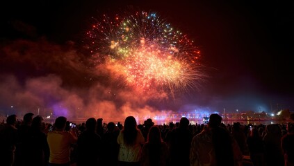 Crowd watches vibrant fireworks illuminating the night sky.