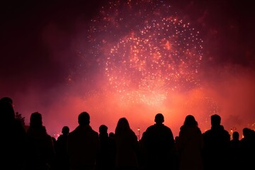 Silhouettes watch vibrant fireworks light up the night sky.