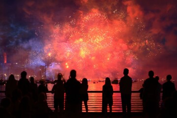Crowd watching vibrant fireworks over a city skyline.