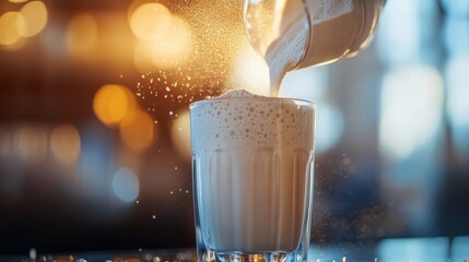 Pouring Vanilla Protein Powder into a Glass of Milk