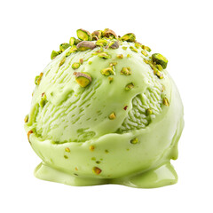 Pistachio ice cream scoop ball with pistachio nuts on top, isolated on white background. Creamy pistachio ice cream scoop.