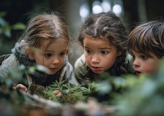 Children exploring nature with curiosity in the forest.