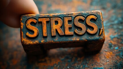 Managing Stress A Rusty Metal Block with Engraved Word Highlighting Emotional and Mental Healt
