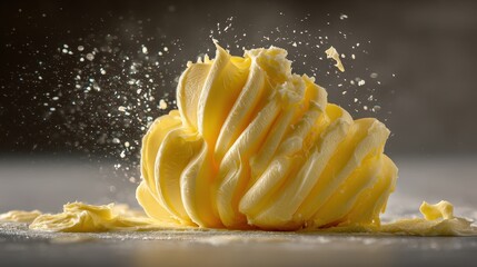 Close-up of a butter curl with scattered flakes.