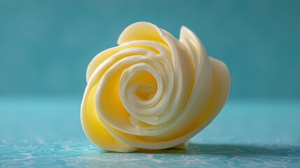 Elegant butter rose sculpture on turquoise background.