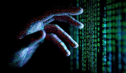 Hand reaching towards digital code, symbolizing hacking.