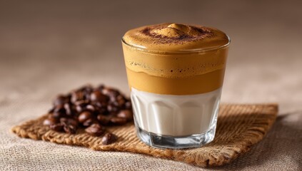 Creamy dalgona coffee in a clear glass.