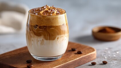 Iced coffee with whipped foam and chocolate shavings.