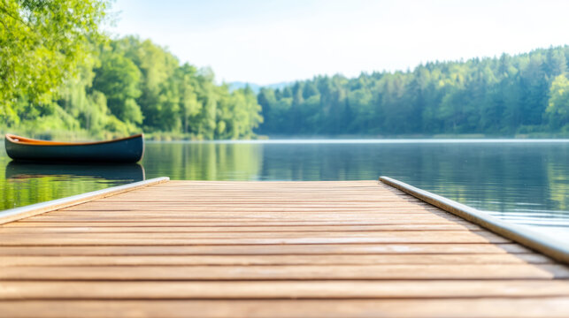 Calm waters and wooden dock at forest lake for peaceful outdoor relaxation and tranquil nature retreat scenery