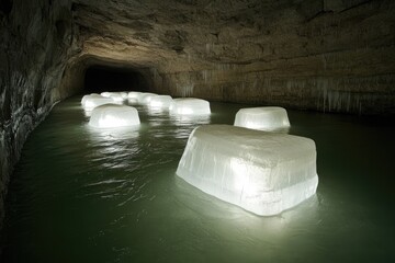 Ice blocks float in a dark subterranean waterway, illuminated from within.  Cave walls surround the scene