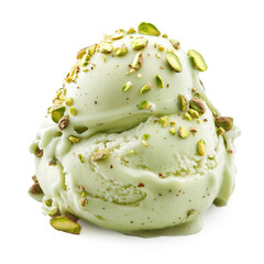 Pistachio ice cream scoop ball with pistachio nuts on top, isolated on white background. Creamy pistachio ice cream scoop.