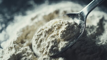 Measuring Spoon Resting on Protein Powder Heap