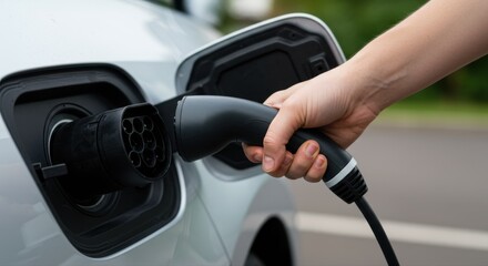 Fototapeta premium Human hand connecting EV charging cable to electric vehicle port. Clean background with sharp detail, concept of renewable transport and clean energy.