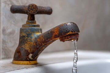 Rusty, vintage faucet with running water stream.