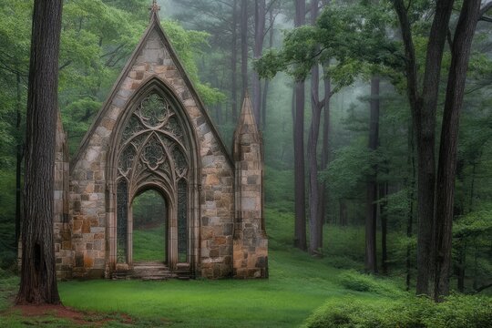 Stone chapel in a misty forest.  
