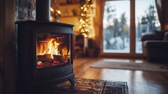 Fireplace inside house modern living room. living room with wood burner stove with burning flame behind a glass door 