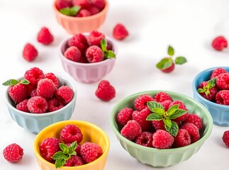 Fresh ripe raspberries served in colorful ceramic bowls with mint leaves on white background
