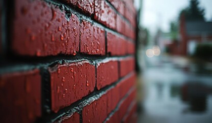 Naklejka premium Raindrops cling to a textured red brick wall on a wet and cloudy day in the city