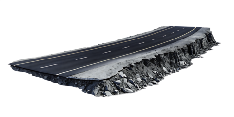 3d illustration with cut of the ground and the desert road floating in the air, isolated on white background