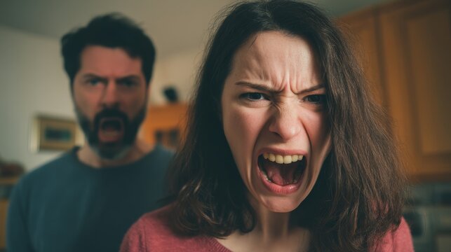 Angry couple arguing in a kitchen setting.