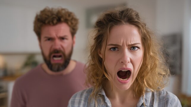 A stressed couple arguing in a kitchen setting.