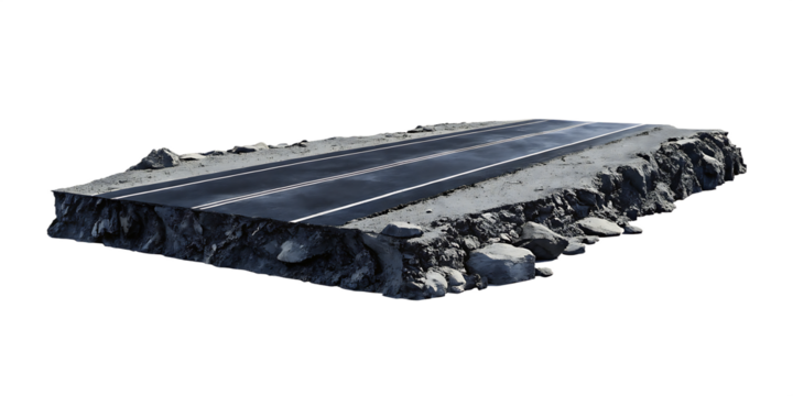 3d illustration with cut of the ground and the desert road floating in the air, isolated on white background