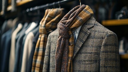 Men's tweed sport coats with scarves in the clothing store 