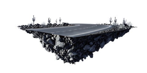 3d illustration with cut of the ground and the desert road floating in the air, isolated on white background