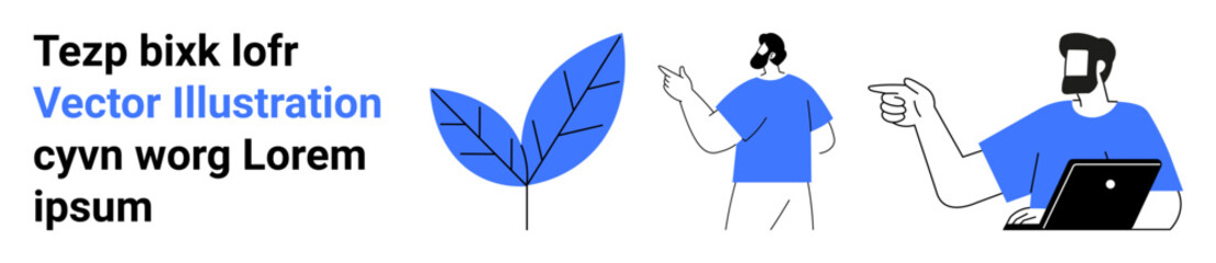 Stylized leaf paired with characters interacting, using a laptop, and pointing. Ideal for teamwork, online collaboration, technology, sustainability, education, digital marketing and flat landing