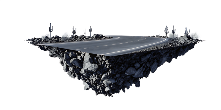 3d illustration with cut of the ground and the desert road floating in the air, isolated on white background