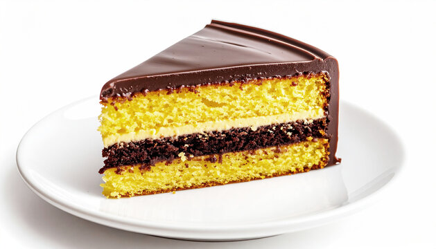 Slice of yellow cake with chocolate icing. AI
